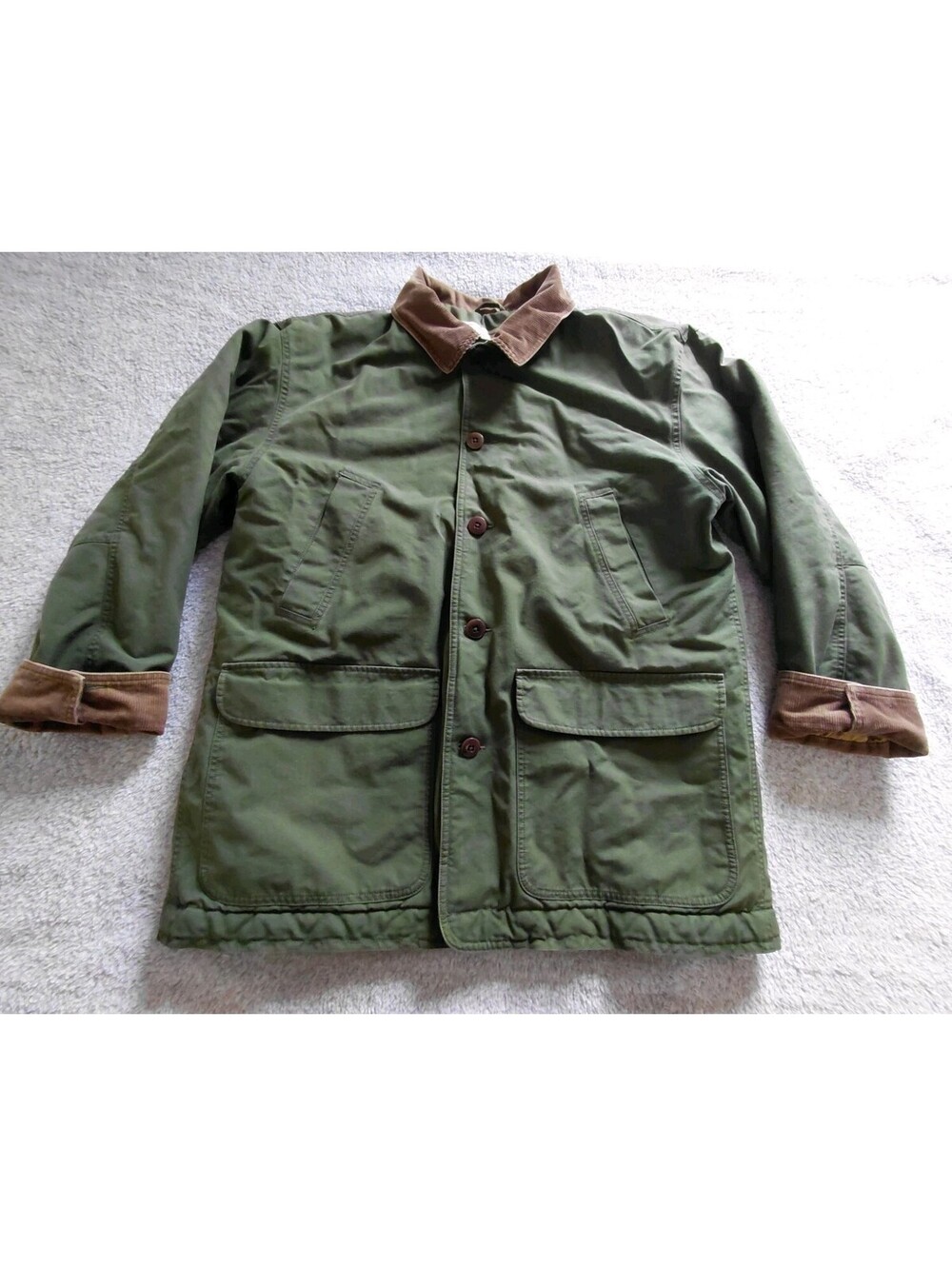 Vtg LL Bean Chore Coat Mens XL Olive Green Quilt Lined Corduroy Collar Barn